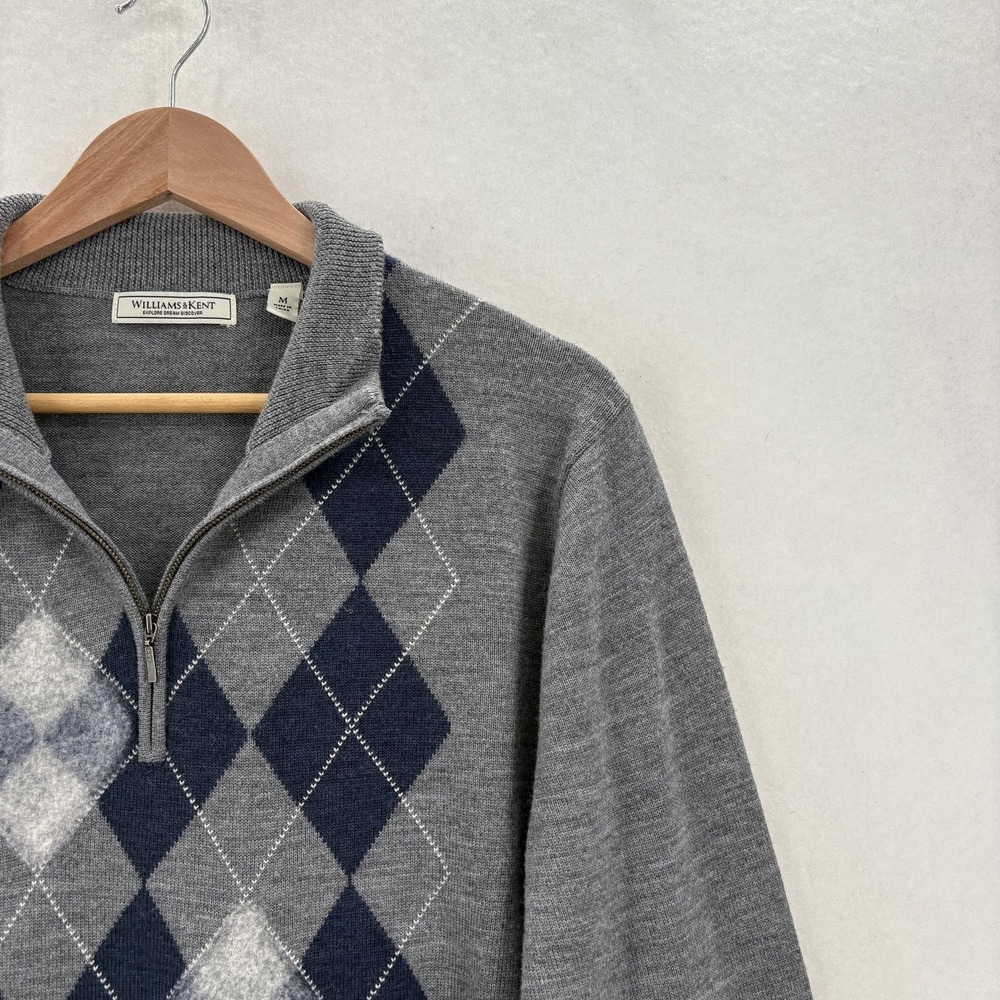 Williams & Kent Sweater Mens Medium Gray Merino Wool 1/4 Zip Argyle Pullover - Picture 2 of 12